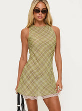 Buffie Shoulder Mini Dress Green Check